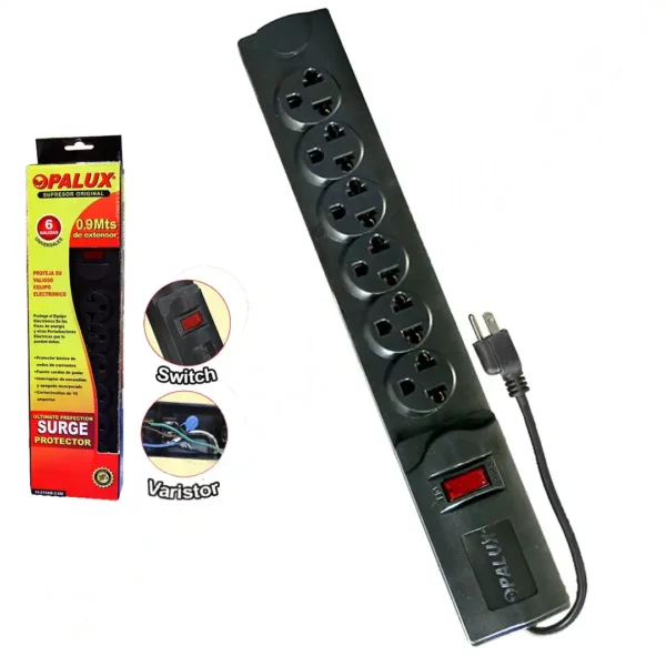 Supresor de pico 6 tomas universales 10AMP con toma a tierra 1 switch ON/OFF cable 3mts cable 16AWG “OPALUX” color negro