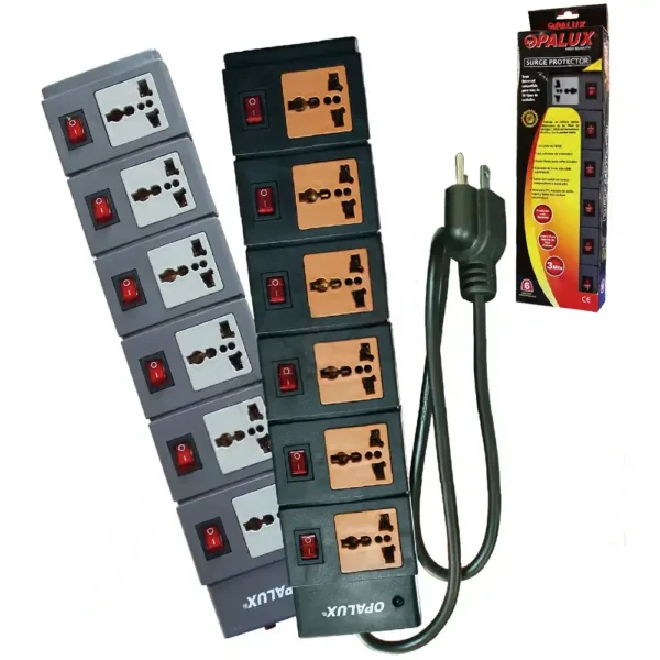Supresor de pico 6 tomas multiples 10AMP con toma a tierra 6 switch ON/OFF cable 3mts cable 16AWG "OPALUX" color negro y naranja