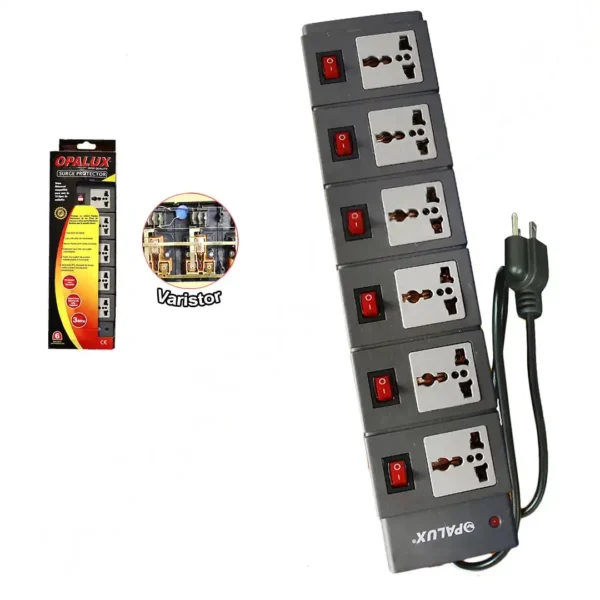 Supresor de pico 6 tomas multiples 10AMP con toma a tierra 6 switch ON/OFF cable 3mts cable 16AWG "OPALUX" color gris oscuro y claro
