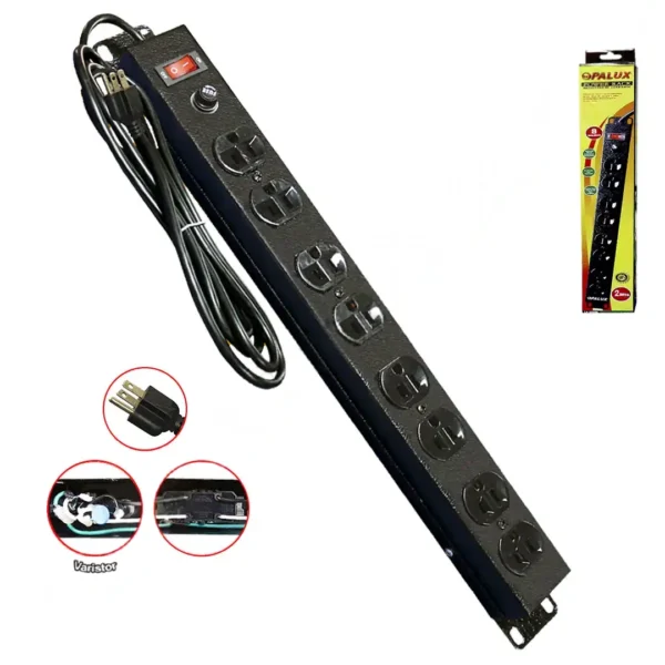 Power Rack PDU 8 tomas trifasicas 10AMP con Fusible 1 RU con toma a tierra 1 switch ON/OFF cable 2mts 14AWG 100% Cobre “OPALUX” color negro