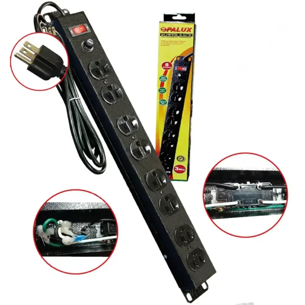Power Rack PDU 8 tomas trifasicas 10AMP con Fusible 1 RU con toma a tierra 1 switch ON/OFF cable 3mts 14AWG 100% Cobre “OPALUX” color negro