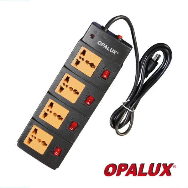 SUPRESOR DE PICO "OPALUX" 4 TOMAS MULTIPLES C/INTERRUPTOR LUMINOSO & 2 MTS COLOR NEGRO ENCHUFE TRIF. 16 AWG CJX24