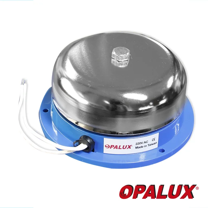 Timbre Industrial redondo PREMIUM "OPALUX" de metal 8". Alta sonoridad. Tipo de campana 220V AC 60Hz. Uso: Interior o exterior pero no a la interperie.