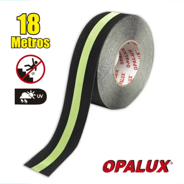 Cinta antideslizante color “negro fotoluminicente” 18mts x 5cm adhesiva uso escaleras duración 2 años, resistente agua, rayos UV