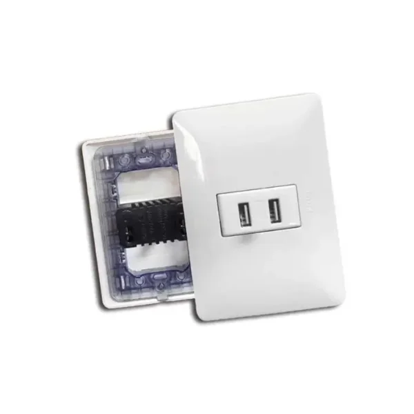Toma placa de doble USB línea “ABITARE” color blanco diseño Italiano marca “Opalux” entrada 110v-250v salida 5v.