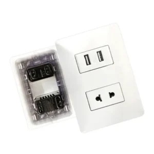Toma placa de doble USB línea “ABITARE” color blanco diseño Italiano marca “Opalux” entrada 110v-250v salida 5v. + tomacorriente simple