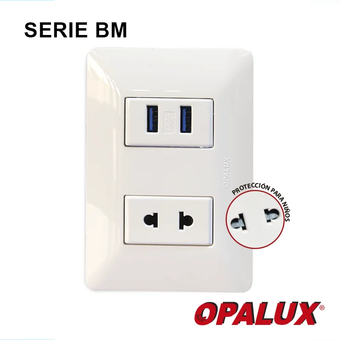 TOMACORRIENTE MIXTO "OPALUX" UNIVERSAL 2 ENTRADAS USB, 5.0VDC 2100MA 15A 250VAC P/EMPOTRAR, MASTER 160