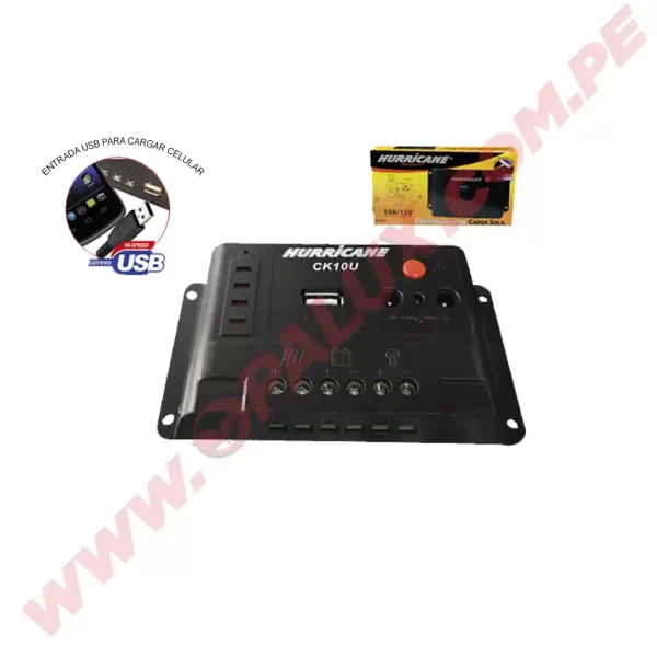 Controlador de carga solar 10AMP PWM marca “Hurricane” 12v/24v con 1 salida USB