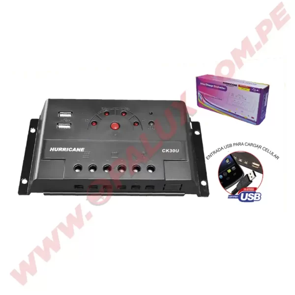 Controlador de carga solar 20AMP PWM marca “Hurricane” 12v/24v con 1 salida USB