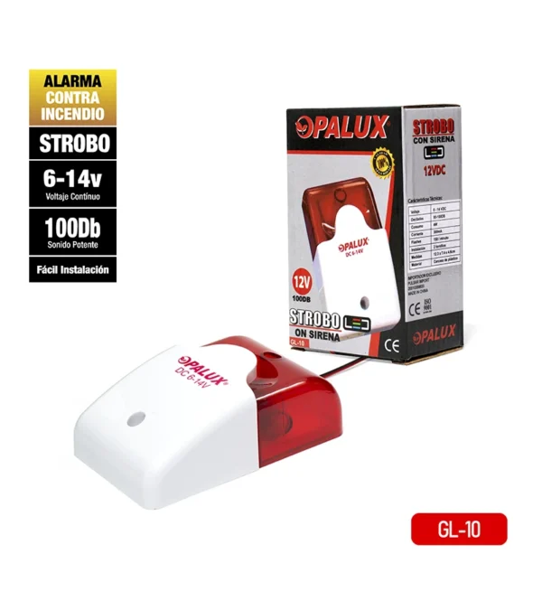 Sirena estrobo LED 6v-12v “Opalux” color rojo y blanco para sistemas de alarmas contra incendio centralizados