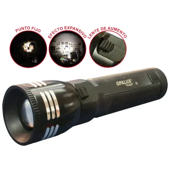 Linterna uso a pilas LED 8W “Opalux” con lente de aumento hasta 100 MTS aluminio color negro