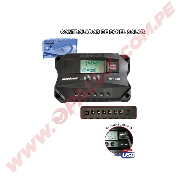 Controlador de carga solar 30AMP digital pantalla LCD PWM marca “Hurricane” 12v/24v con 2 salida USB