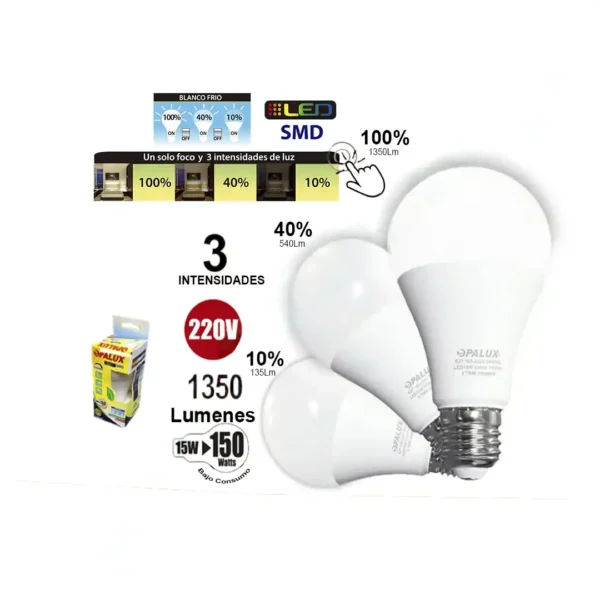 FOCO LED PARA CASA E27 15W OPALUX 1350LM 6500K 25000HRS DIMMER DE 3 TIEMPOS 100% 40% 10% LUZ BLANCA 220V