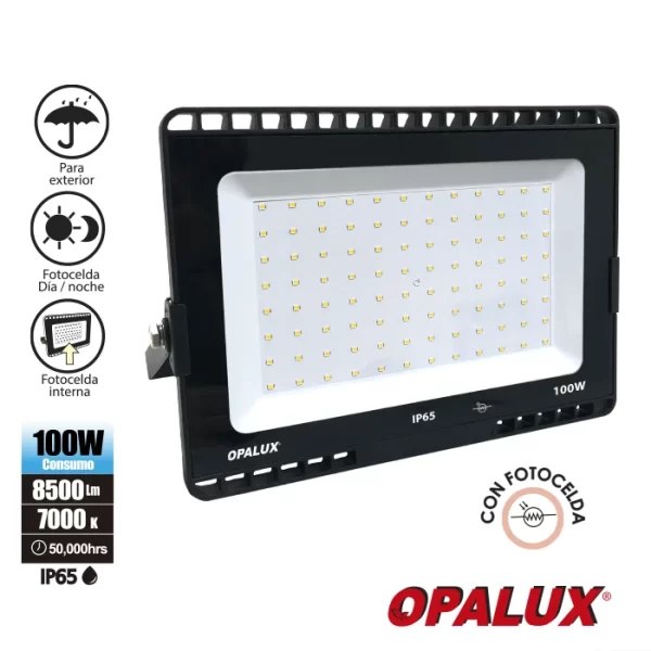 REFLECTOR LED SMD 100W OPALUX 96 LEDS 8500LM 50,000HRS SLIM NEGRO CON FOTOCELDA