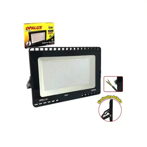 REFLECTOR LED 100W OPALUX 96 LEDS 8500LM 7000K 50,000HRS 85-265V LUZ BLANCA DELGADO SLIM COLOR NEGRO IP65 EXTERIORES