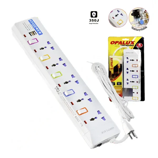 Supresor de pico 5 tomas multiples 10AMP con protector para niños 5 switch ON/OFF 2 puertos USB cable 3mts toma a tierra "OPALUX" 18AWG color blanco
