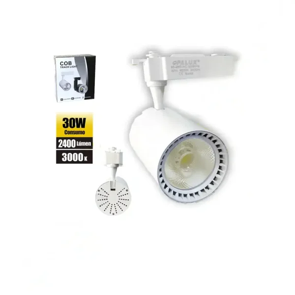 Spotlight led para riel 30W "Opalux" direccionable color blanco con luz calida amarilla 3000K 2400 lumens 35,000hrs