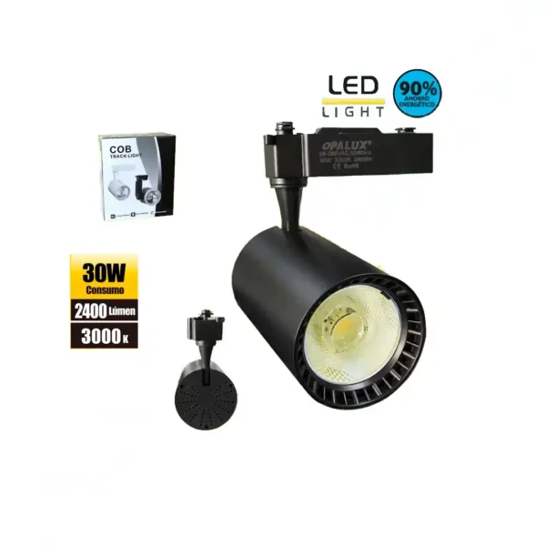 Spotlight led para riel 30W "Opalux" direccionable color negro con luz calida amarilla 3000K 2400 lumens 35,000hrs