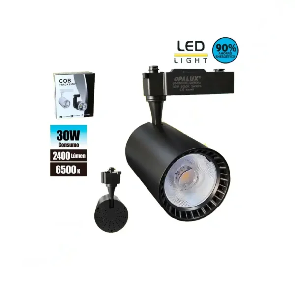 Spotlight led para riel 30W "Opalux" direccionable color negro con luz blanca 6500K 2400 lumens 35,000hrs
