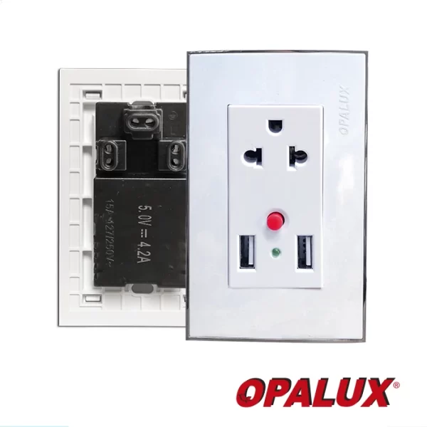 Toma Mixta Doble USB 5.0V 4.2A + 1 Toma Universal 15A 220V. Medidas Altura 11.5 cm x Ancho 7cm