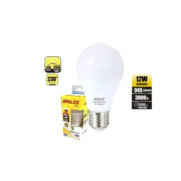 FOCO LED PARA CASA E27 12W OPALUX 3000K 220V 945 LUMENES 25,000HRS LUZ CALIDA AMARILLA