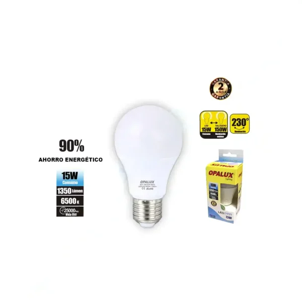 FOCO LED PARA CASA E27 15W OPALUX 6500K 1350 LUMENES 25,000HRS LUZ BLANCA