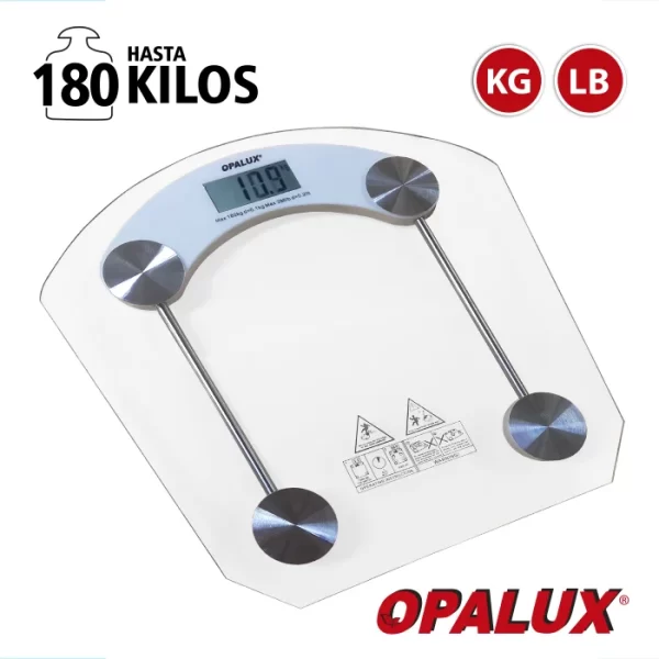 Balanza Ultra SLIM “OPALUX” transparente cuadrada. Pantalla LCD 4 dígitos. Graduación: 0.1Kg / 0.2Lb. Peso máximo: 180 Kg / Peso mínimo: 7 Kg. Pila 3V 1xCR2032. Unidad de medi