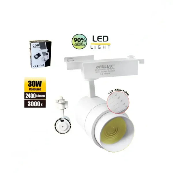 Spotlight led para riel 30W "Opalux" direccionable con enfoque graduable 15º a 60º  color blanco con luz calida amarilla 3000K 2400 lumens 35,000hrs