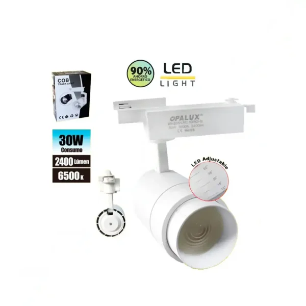 Spotlight led para riel 30W "Opalux" direccionable con enfoque graduable 15º a 60º color blanco con luz blanca 6500K 2400 lumens 35,000hrs