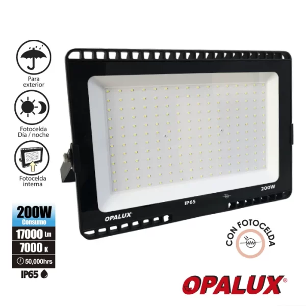 REFLECTOR LED SMD 200W OPALUX 192 LEDS 17000LM 50,000HRS SLIM NEGRO CON FOTOCELDA