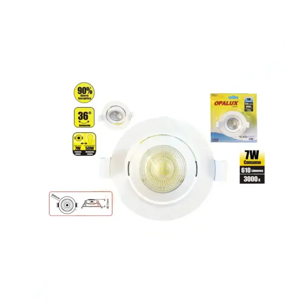 Spotlight led 7W "Opalux" direccionable redondo color blanco Luz Calida 3000K  610 lumens 25,000hrs para empotrar