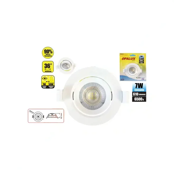 Spotlight led 7W "Opalux" direccionable redondo color blanco Luz Blanca 6500K  610 lumens 25,000hrs para empotrar