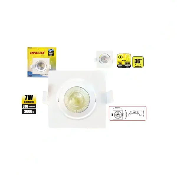 Spotlight led 7W "Opalux" direccionable cuadrado color blanco Luz Calida 3000K  610 lumens 25,000hrs para empotrar