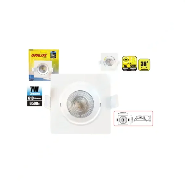Spotlight led 7W "Opalux" direccionable cuadrado color blanco Luz Blanca 6500K  610 lumens 25,000hrs para empotrar
