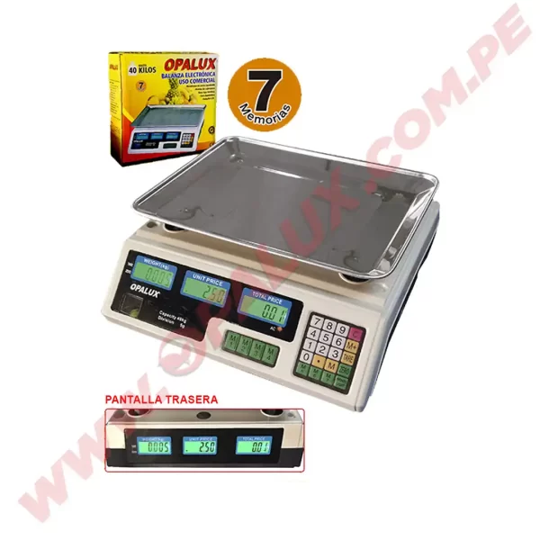 Balanza electrónica digital de mesa 40Kgs “Opalux” LCD recargable con batería 4v4Ah 220v