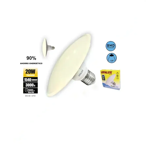 FOCO UFO E27 20W OPALUX 1540LM 3000K 25000HRS LUZ CALIDA AMARILLA 110V-240V