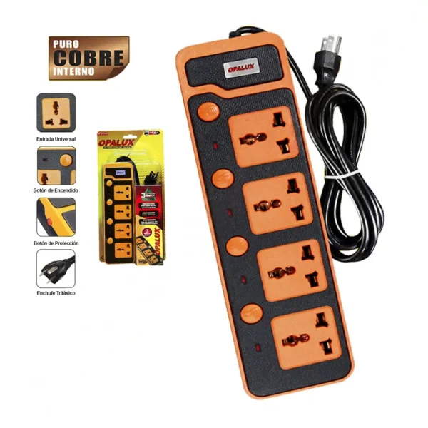 Supresor de pico 4 tomas multiples 10AMP con toma a tierra 4 botones ON/OFF cable 3mts "OPALUX" color negro y naranja