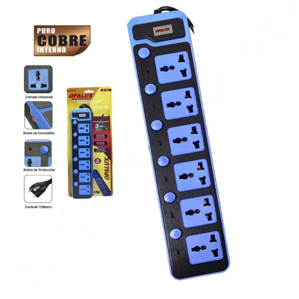 Supresor de pico 6 tomas multiples 10AMP con toma a tierra 6 botones ON/OFF cable 3mts "OPALUX" color negro y azul