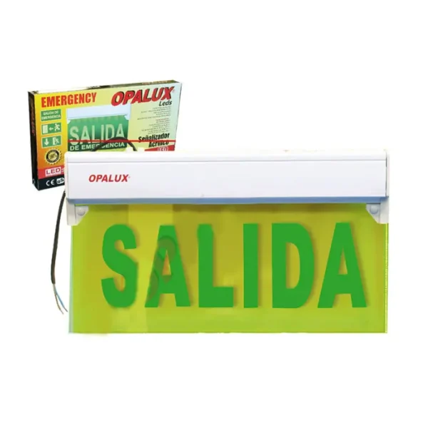 Señal de seguridad LED “Opalux” 68.5x35cm iluminada mica “SALIDA” 6 horas  16 leds cumple INDECI incluye accesorios montaje en techo cuerpo ABS blanco