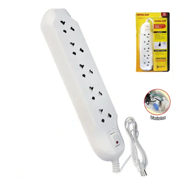 Supresor de pico 5 tomas universales 10AMP con proteccion para niños con toma a tierra 1 switch ON/OFF cable 3mts “OPALUX” color blanco