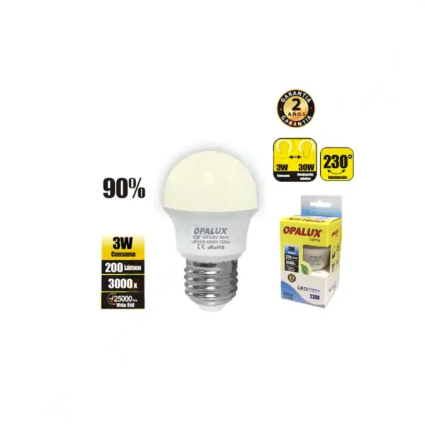 FOCO LED PARA CASA E27 3W OPALUX 220LM 3000K 25000HRS LUZ CALIDA AMARILLA 220V