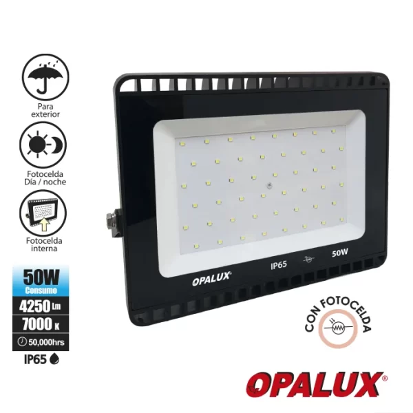 REFLECTOR LED SMD 50W OPALUX 48 LEDS 4250LM 50,000HRS SLIM NEGRO CON FOTOCELDA