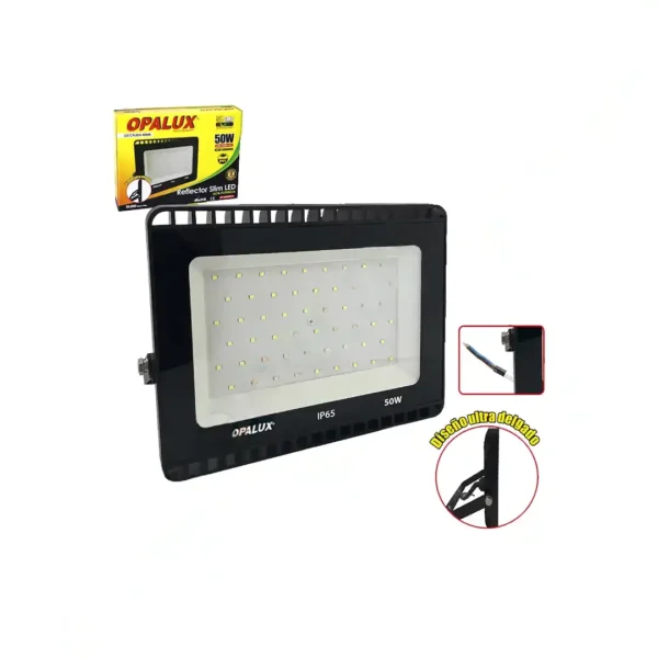 REFLECTOR LED 50W OPALUX 54 LEDS 4250LM 3000K 50,000HRS LUZ CÁLIDA DELGADO SLIM LUMENS COLOR NEGRO IP65 EXTERIORES 85-265V