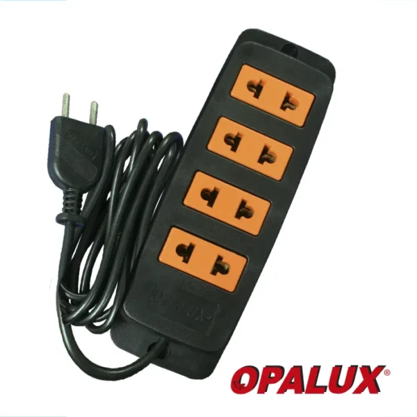 Extensión eléctrica  3mts "Opalux" con 4 de tomacorrientes color negro y naranja