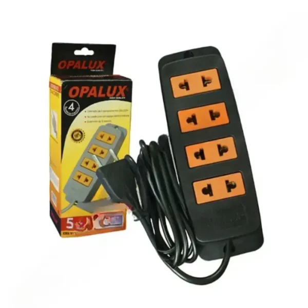 Extensión eléctrica  5mts "Opalux" con 4 de tomacorrientes color negro y naranja