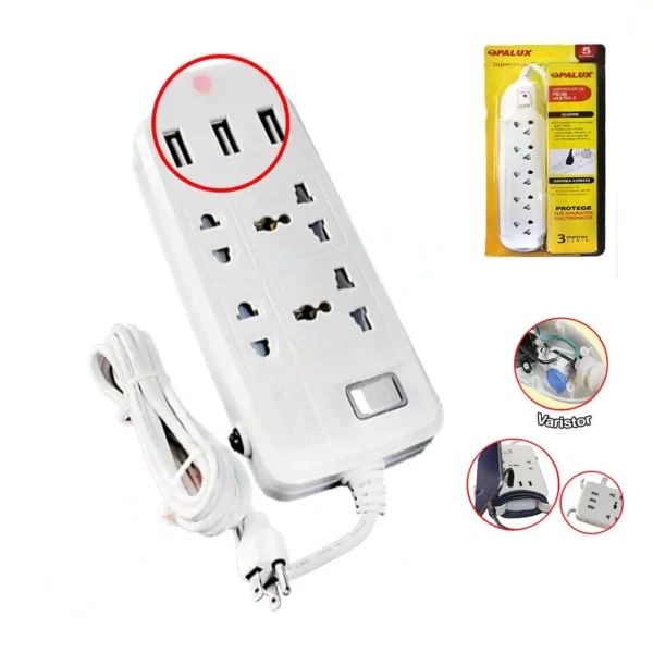 Supresor de pico 2 tomas multiples 10AMP con protector para niños 1 switch ON/OFF 3 puertos USB 2 tomas universales 3mts toma a tierra "OPALUX" color blanco
