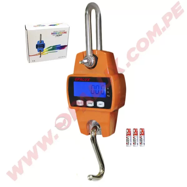 Balanza electrónica digital colgante 300Kgs “Opalux” LCD a pilas aluminio fundido y acero inoxidable