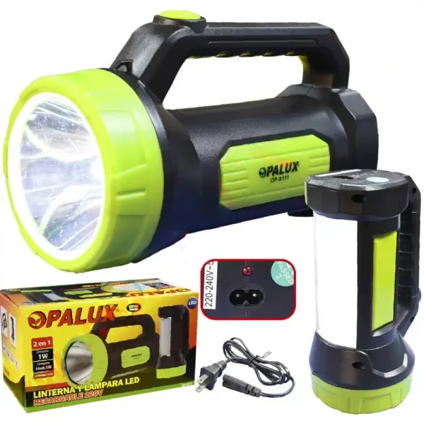 Linterna recargable LED 1W “Opalux” 50 MTS con lámpara de 16 led, 4 Hrs linterna, 2 hrs modo lámpara