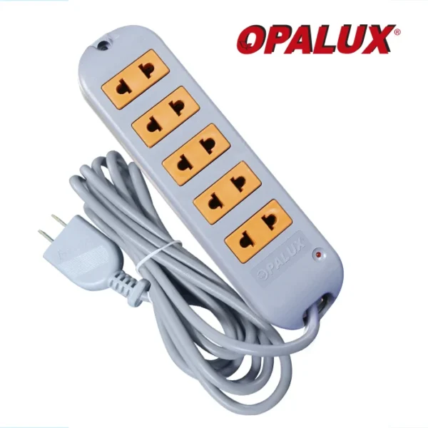 Extensión eléctrica  3mts "Opalux" con 5 de tomacorrientes color gris y naranja