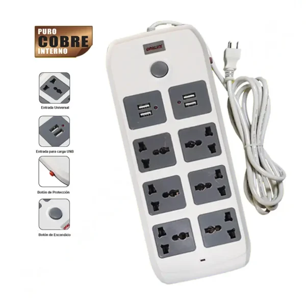 Supresor de pico 6 tomas multiples 10AMP 1 boton ON/OFF 4 puertos USB cable 3mts toma a tierra "OPALUX" 18AWG color blanco y gris claro